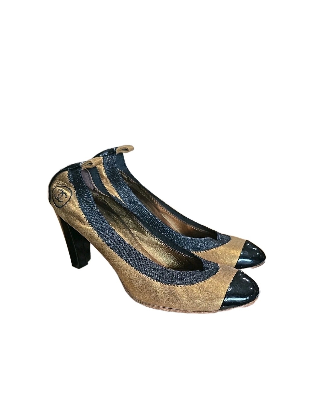 CHANEL Gold Leather Heel Pumps with Black Patent Cap Toe - Picture 2 of 4